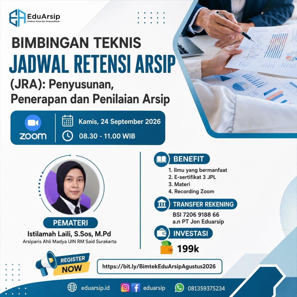 Flyer Pelatihan Jadwal Retensi Arsip (JRA): Penyusunan, Penerapan, dan Penilaian Arsip